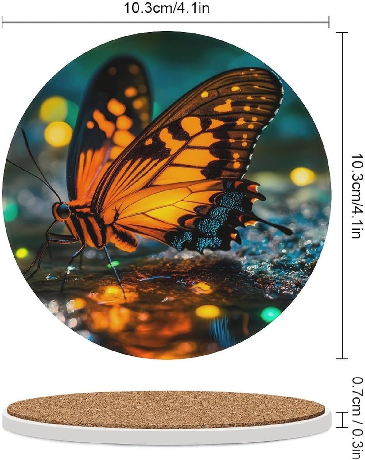 an Orange Butterfly Round Ceramic Coasters Print Drinks Absorbent with Cork Base for Home Decor Gifts 4 Inch