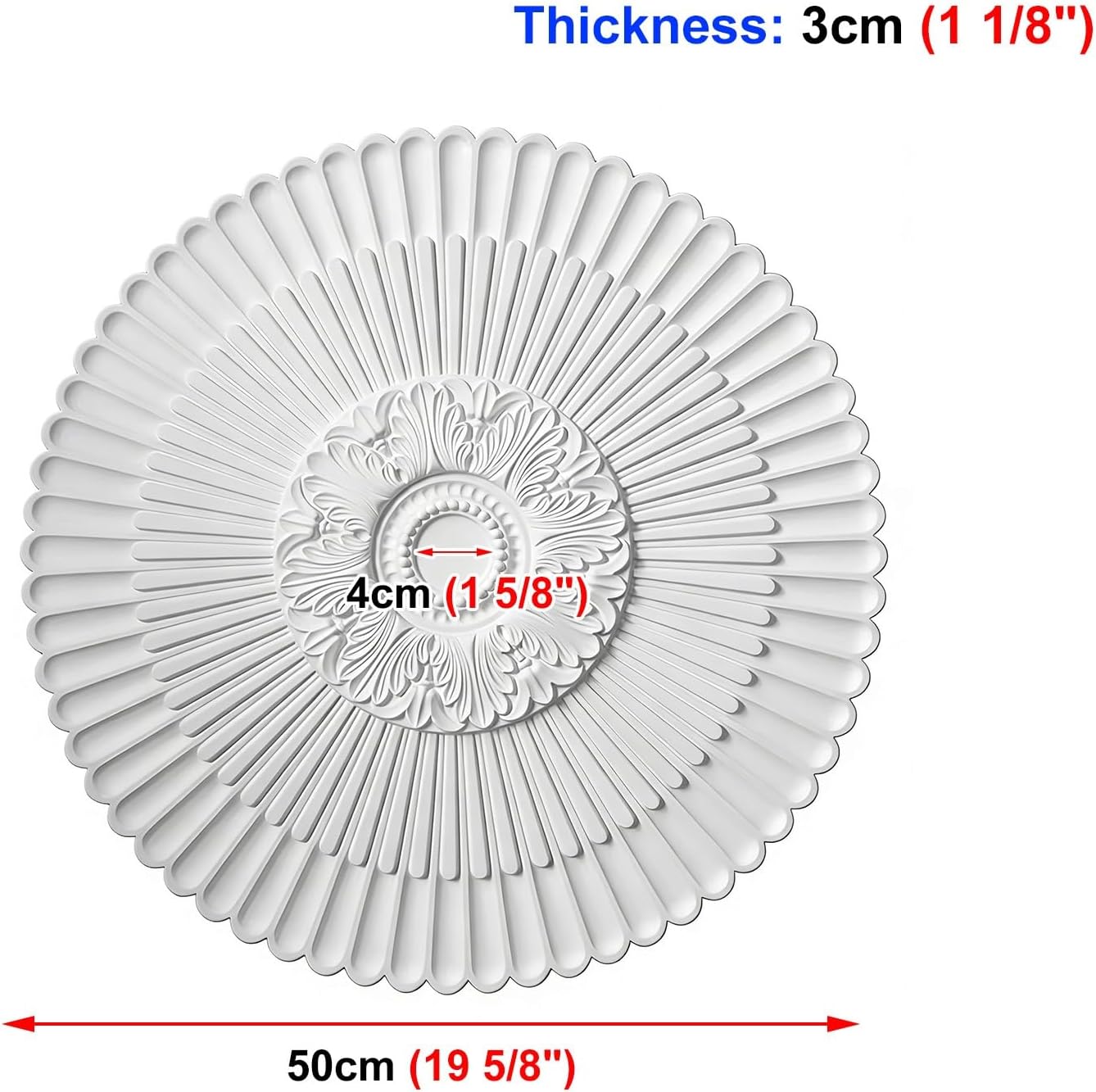 PU Ceiling Light Medallion Molding, Round Ceiling Fan Medallion Trim, White Ceiling Rose Molding, Home Decor Ceiling Mold for Chandelier/Pendant(Dia: 50cm (19 5/8"))