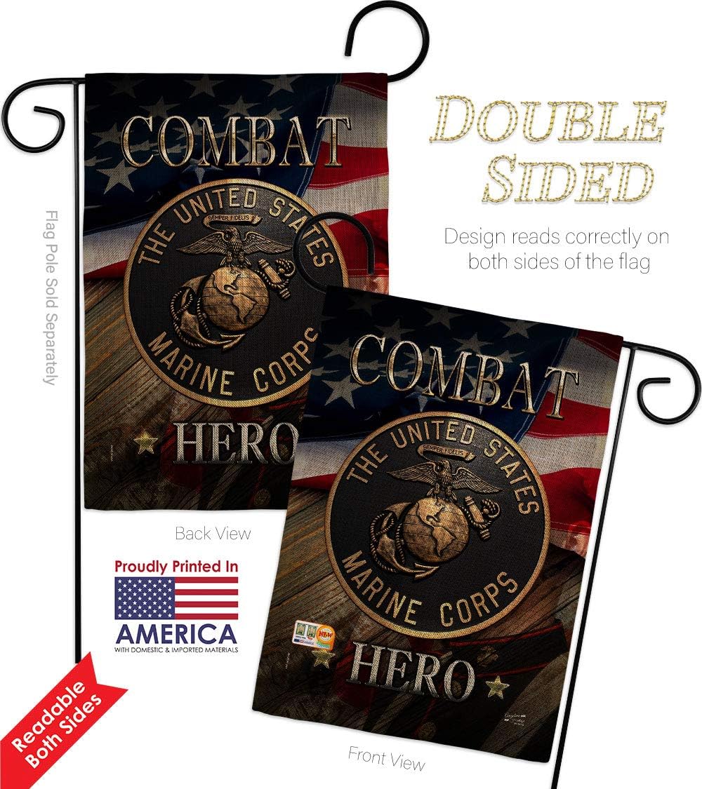 Marine Combat Hero Burlap Burlap Garden Flags Pack Armed Forces Corps USMC Semper Fi United State American Military Veteran Retire Official USA Vintage Applique Gift Yard House Double-Sided 13 X 18.5