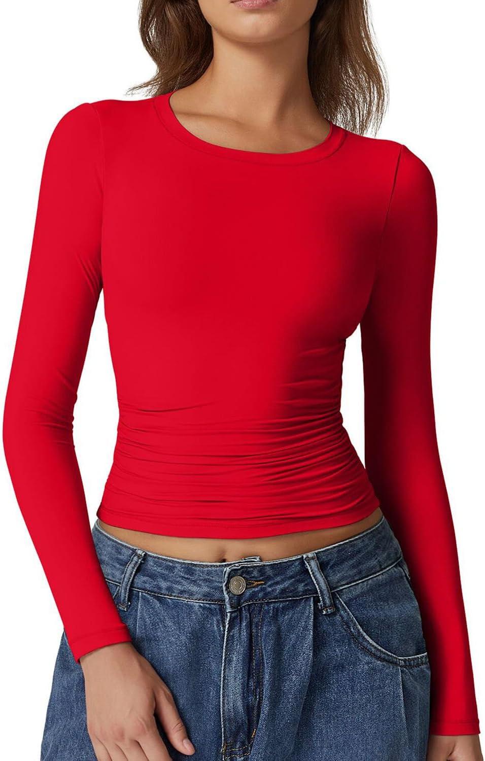 QINSEN Womens Crewneck Long Sleeve Shirt Double Lined Basic Tees Side Ruched Going Out Crop Tops