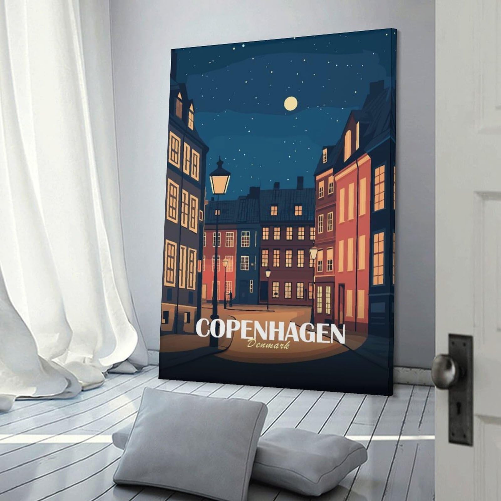 Junmoney Decorative Wall Artwork Copenhagen Denmark Night Cityscape Illustration, 24x36inch(60x90cm), for Calm Bedrooms, Home Corners Or Flats, An Easy Wall Refresh for Bedrooms