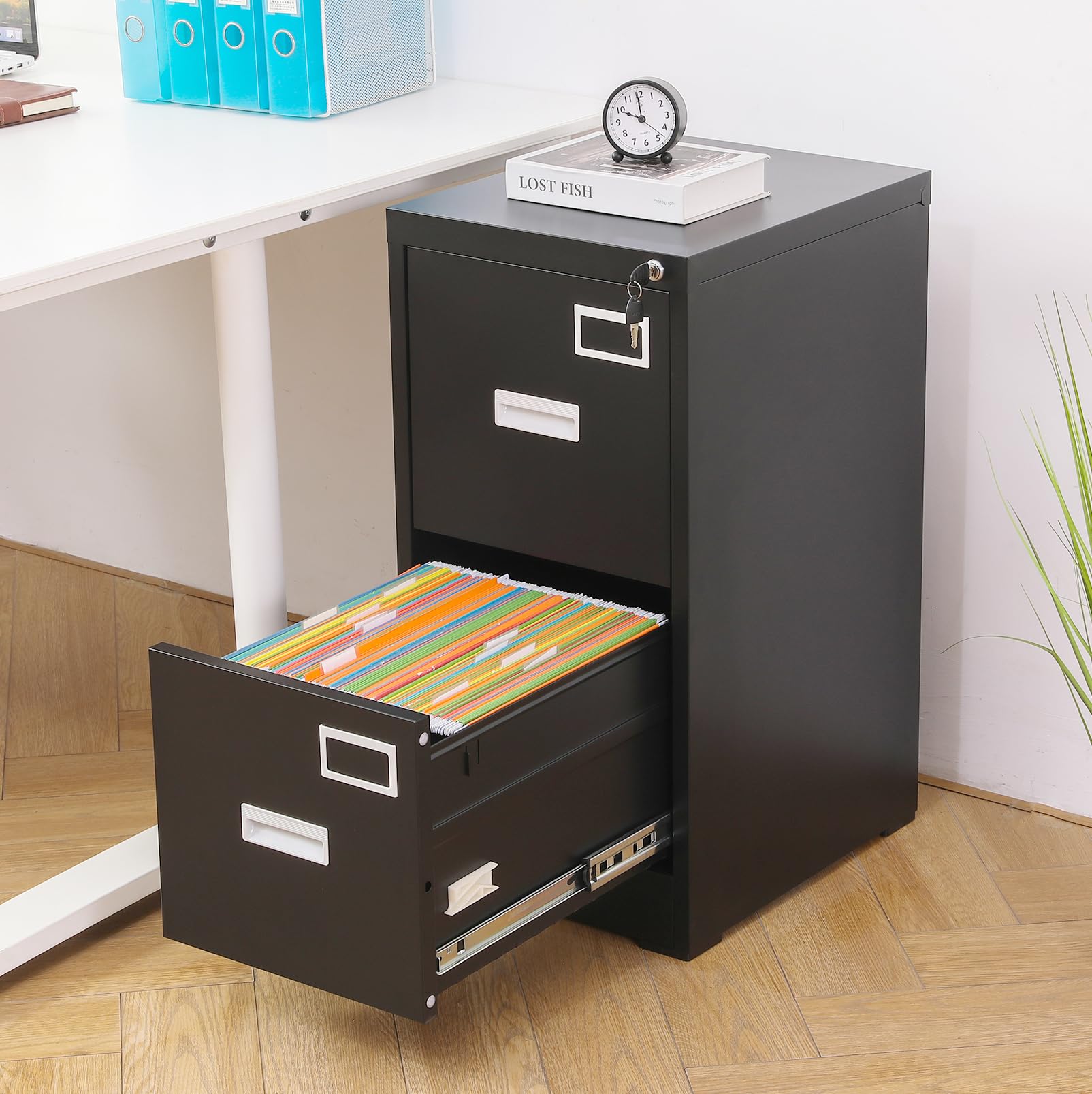 Aktenschrank, A4 Rollcontainer Aktenschrank mit 2 abschließbare Schubladen | Metall Vertikal Hängeregisterschränke, Druckerständer, Büroschrank für Homeoffice, für Hängemappen