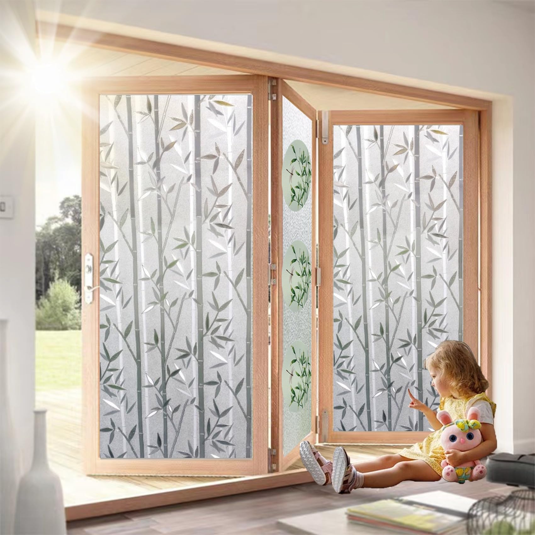 Window Film Privacy Film for Glass 90 x 110 cm, No Glue Window Sticker, Privacy, Opaque, UV Protection, Static Cling, Sun Blocker Window Privacy Film with Toolkit for Window, Bamboo