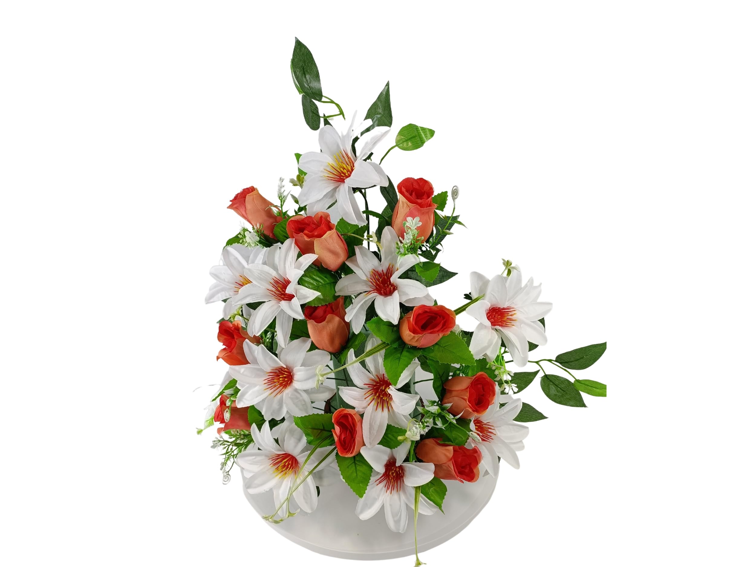 DRW Centre de Fleurs artificielles pour cimetière bourgeons et Dahlias Blanc et Orange 60x40 cm