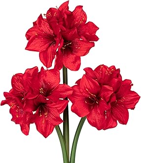 3PCS Amaryllis Artificial Flowers 17.3 Inch Faux Amaryllis Lily Flowers Stems with 4 Heads Silk Floral Bouquet for Christmas Home Room Table Centerpiece Wedding Party Arrangements
