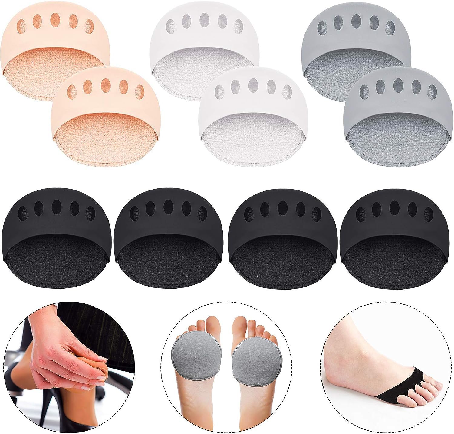 Premify Honeycomb Five Toes Fabric Forefoot Pads, Metatarsal Pads Ball of Foot Cushions for High Heels, Non-Slip Invisible Foot Care Socks Inserts Calluses Corns 5 Pairs