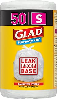 Glad Wavetop Tie Kitchen Tidy Bags, 50 Small Garbage Bags, Small Size Fits 18L Bin, 50 Count