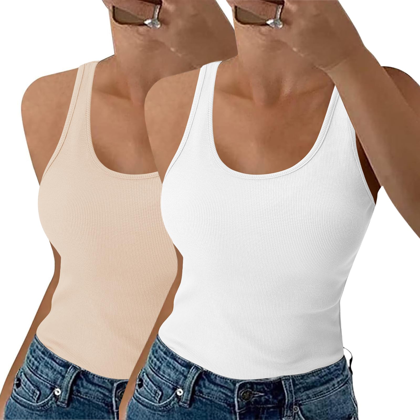 Aottori Damen 2er Pack Tank Top Sommer Slim Fit Oberteile Ärmellos Gerippt Basic Shirt Rundhals Weste Baumwolle Tops Sexy Casual Vest Einfarbig