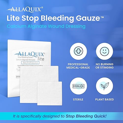 Miniatura 2 de Lite Stop Bleeding Vendaje  Vendaje de alginato de calcio para heridas (cuadrado grande de 2 pulgadas), vendaje adhesivo de gasa hemostática de