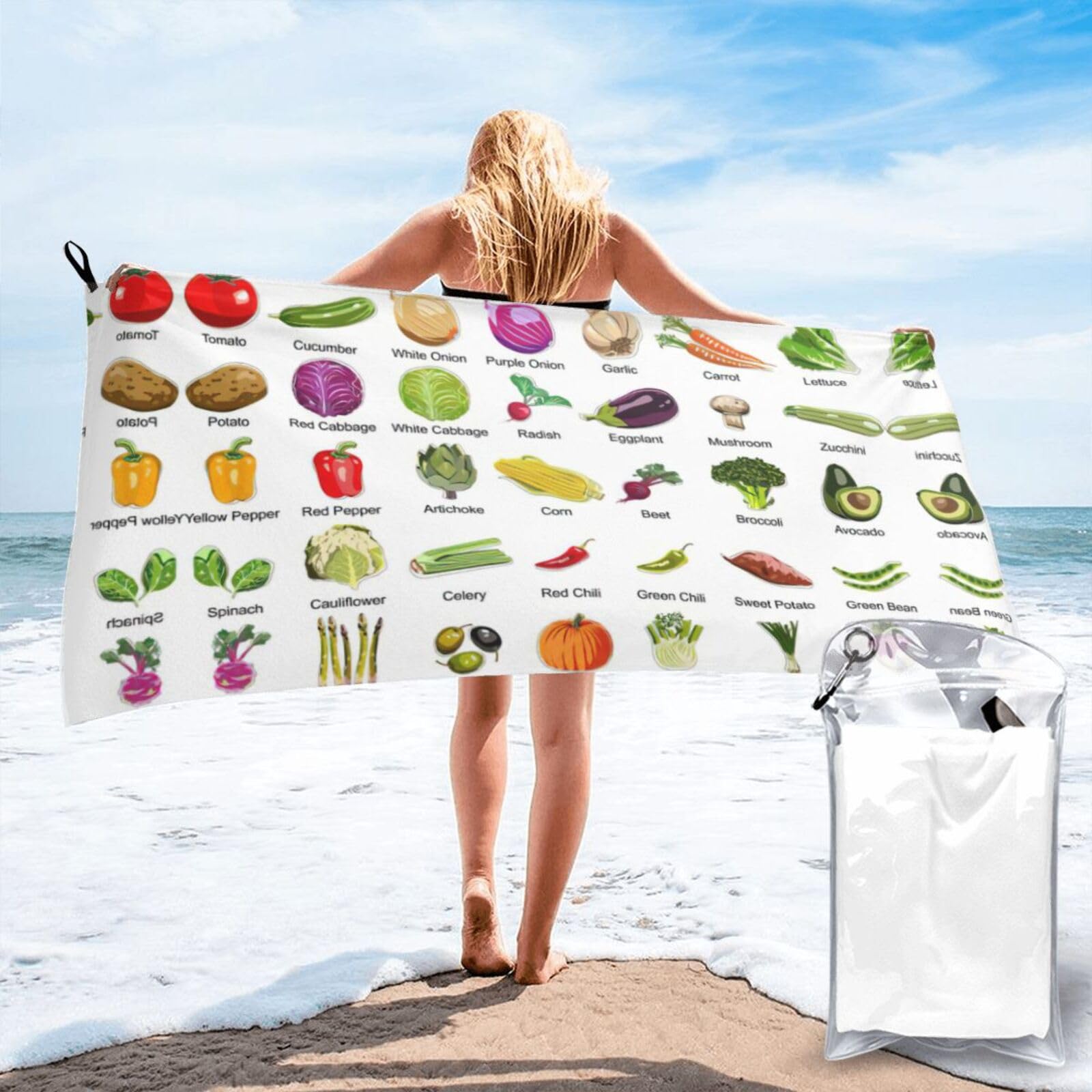 SDEGTHO Introduction Of Various Vegetables Print Beach Towel Quick Dry Portable For Swimming Yoga Adults Fitness