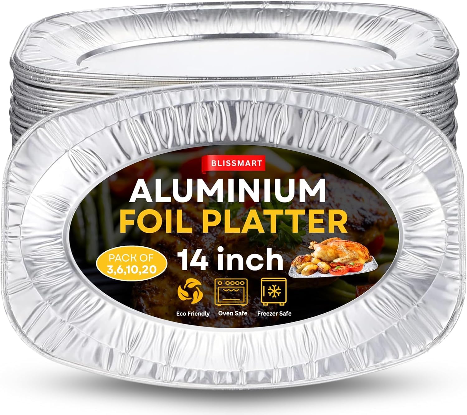 BLISSMART Foil Platters 20pk Large Aluminium Foil Platter Serving Party Trays Oven and Freezer Safe Reusable Serving Platter Set Recyclable Trays Multipack