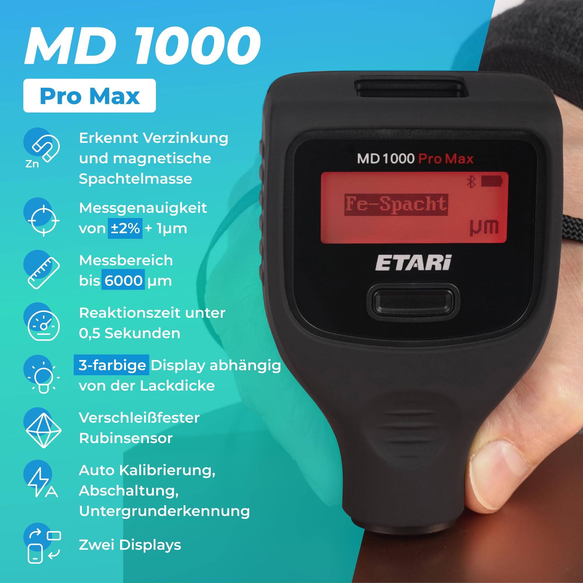 ETARI® MD 1000 Pro Max (Ferr & Non-Ferr), Profi Lack Schichtdickenmessgerät zur Lackdickenmessung am Auto bis zu 6000 μm, +3-farbige Displaybeleuchtung,+2 Displays (LCD und OLED) + kostenfreie App