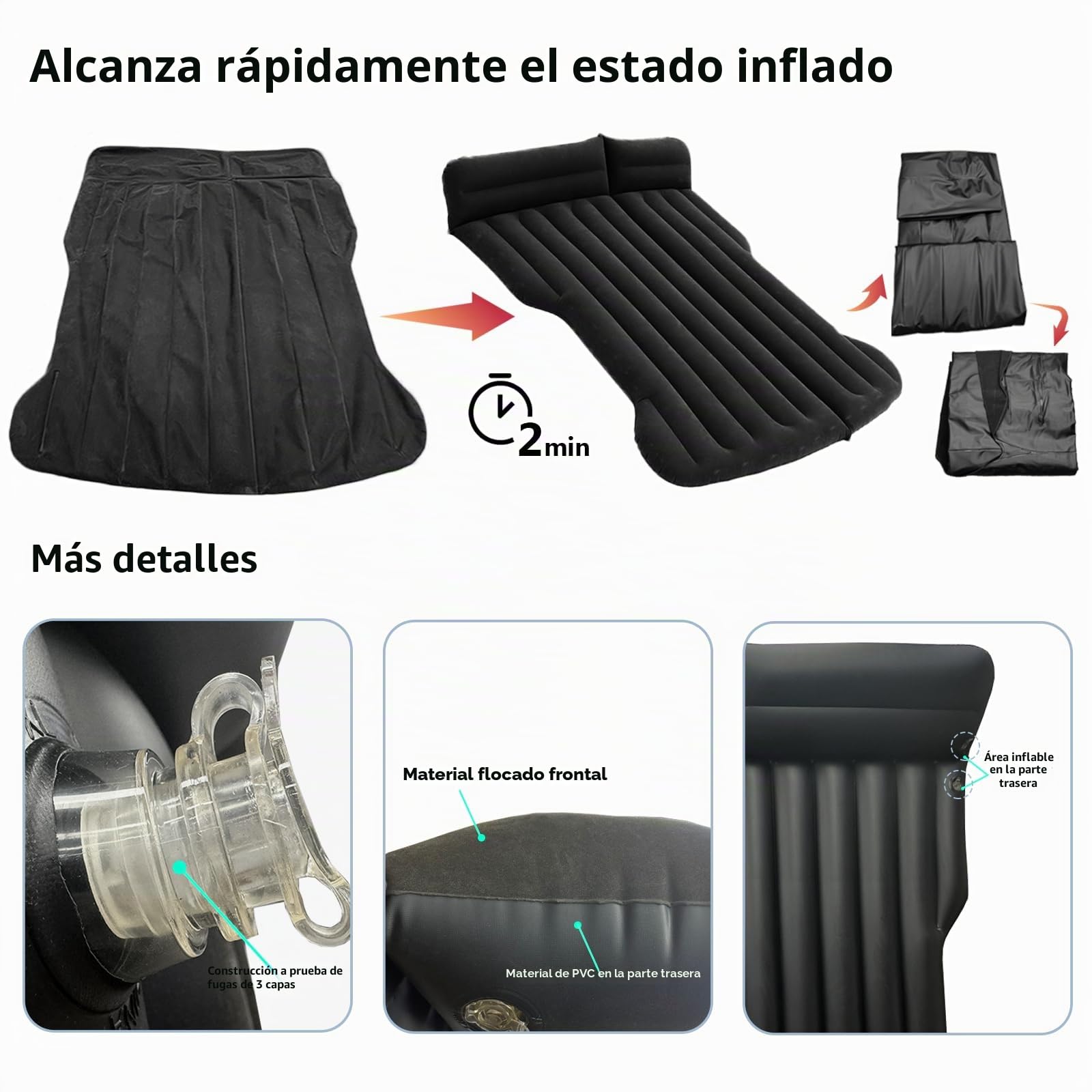 SUV Colchón de Coche Inflable con Bomba y Almohada, Cama de Aire Portátil para Viajes Camping Aire Libre, Grueso Cómodo Duradero Negro