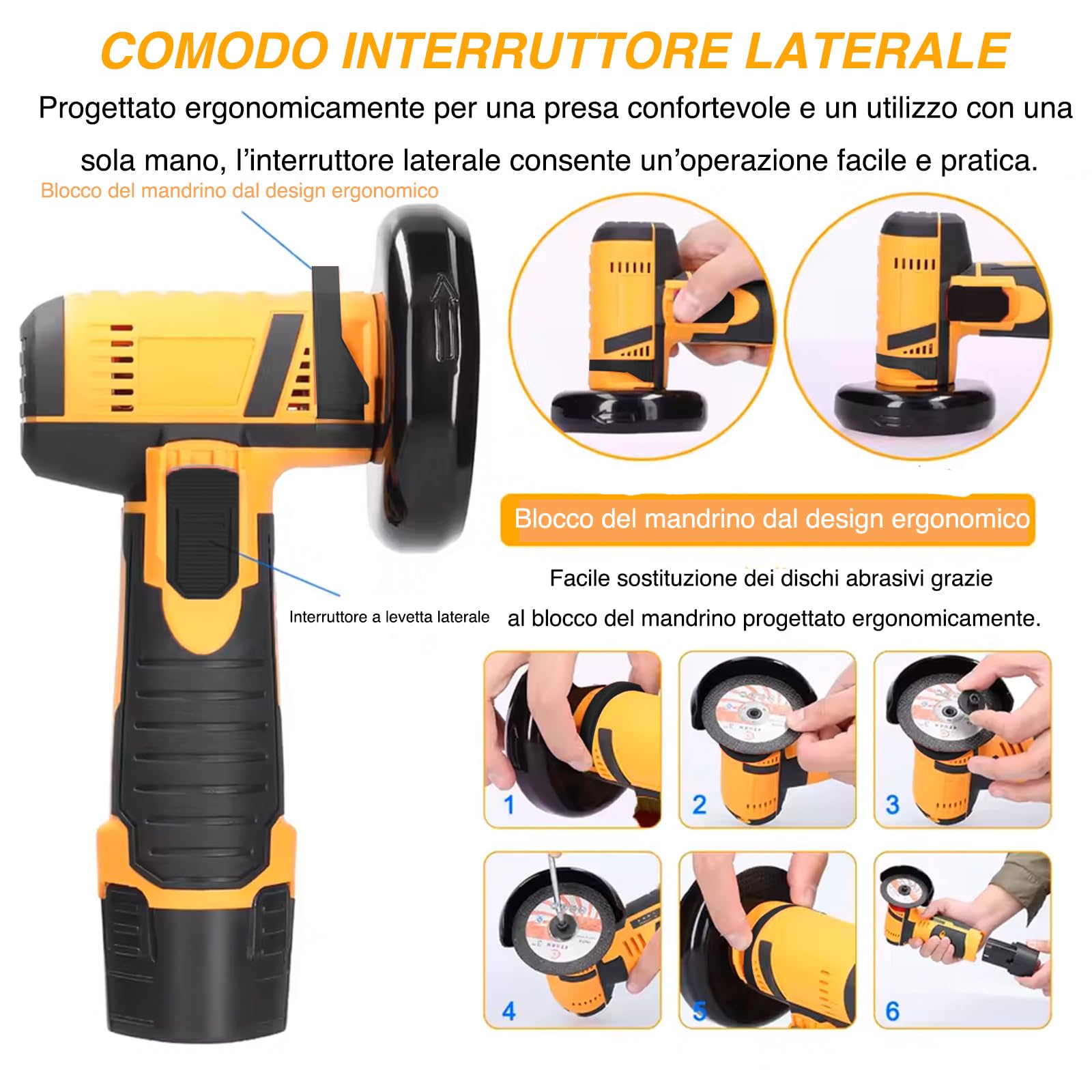 VOLTIX Smerigliatrice Angolare a Batteria 76mm, Mini Smerigliatrice Portatile con 2 Batterie Ricaricabili, Velocità 19500RPM, 2 Dischi Inclusi – Ideale per Taglio e Levigatura