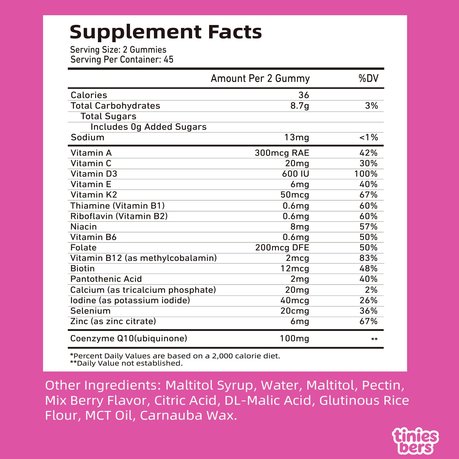 Tinies bers Coq10 Gummies for Kids, 100mg Ubiquinone with Multivitamins, Methyl Vitamin B12, Support Energy Production, Heart Health, Antioxidant, Daily Support, Vegan, Sugar Free, Pectin, Berry, 90 — Amazon image 2