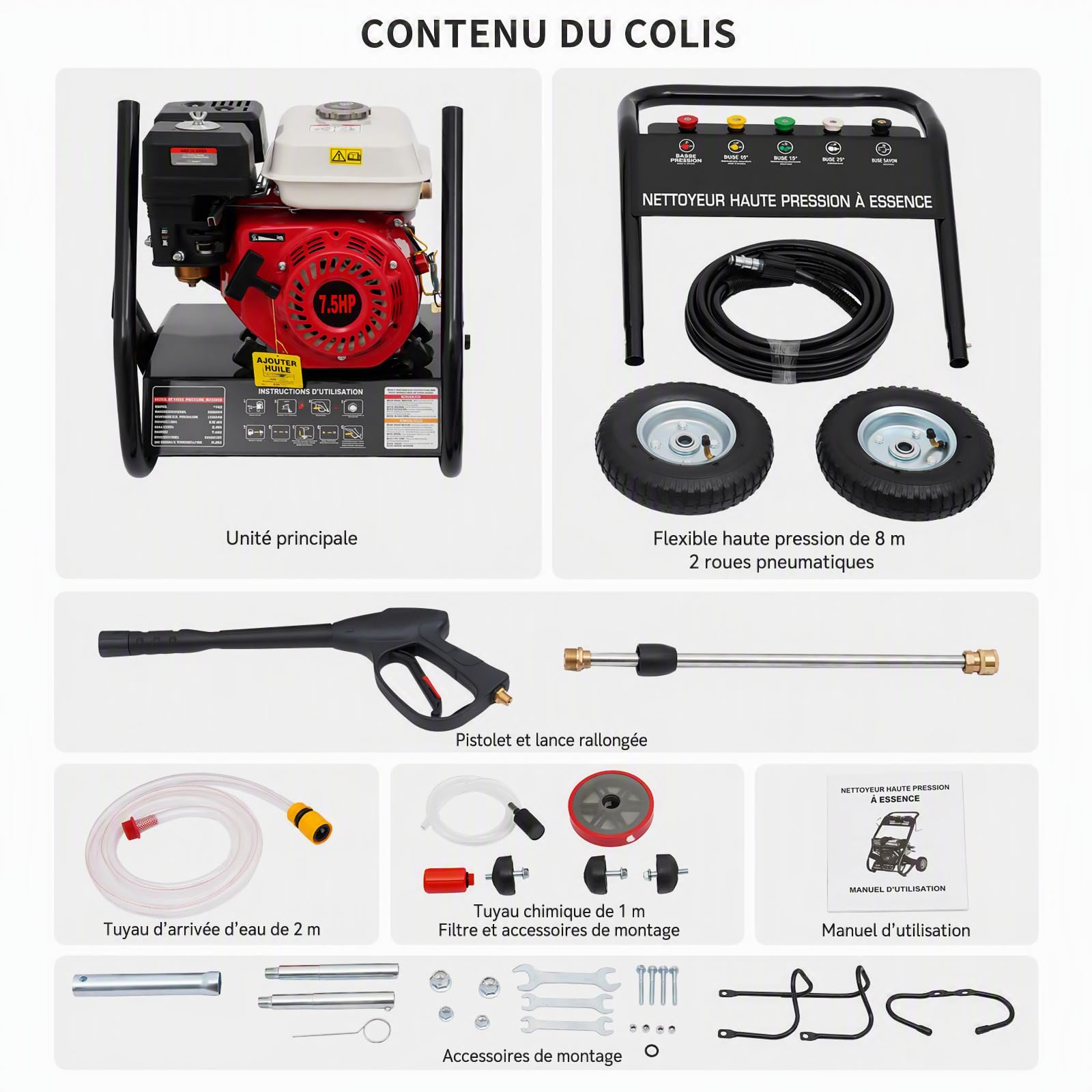 Nettoyeur Haute Pression Thermique 190 Bar 7 CV 4 Temps avec 5 Buses