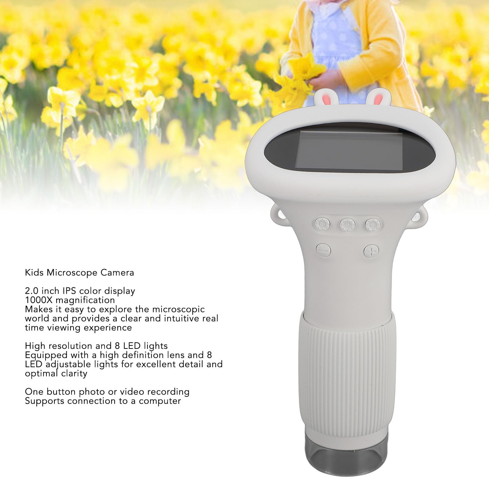 Kids Microscope Camera 1000X 2.0 Inch IPS Color Screen with 8 LED Lights Portable Digital Microscope for Kids Adults Pocket Microscope Camera Handheld Digital Microscope (White)