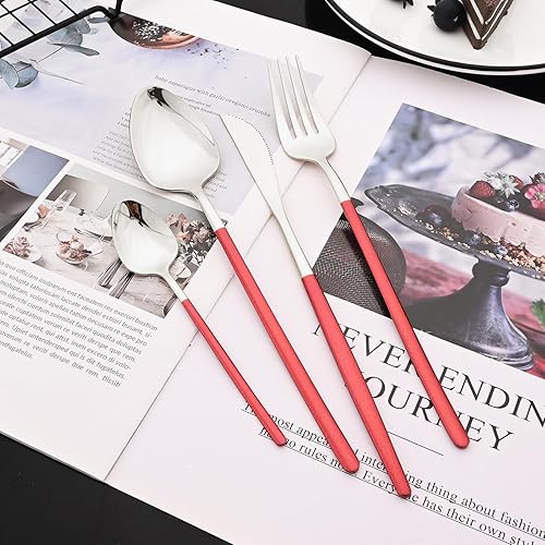 Miniatura 8 de JASHII Juego de cubiertos de acero inoxidable 1810, para 6 personas, color blanco y dorado, pulido con espejo, mango delgado, apto para lavavajillas