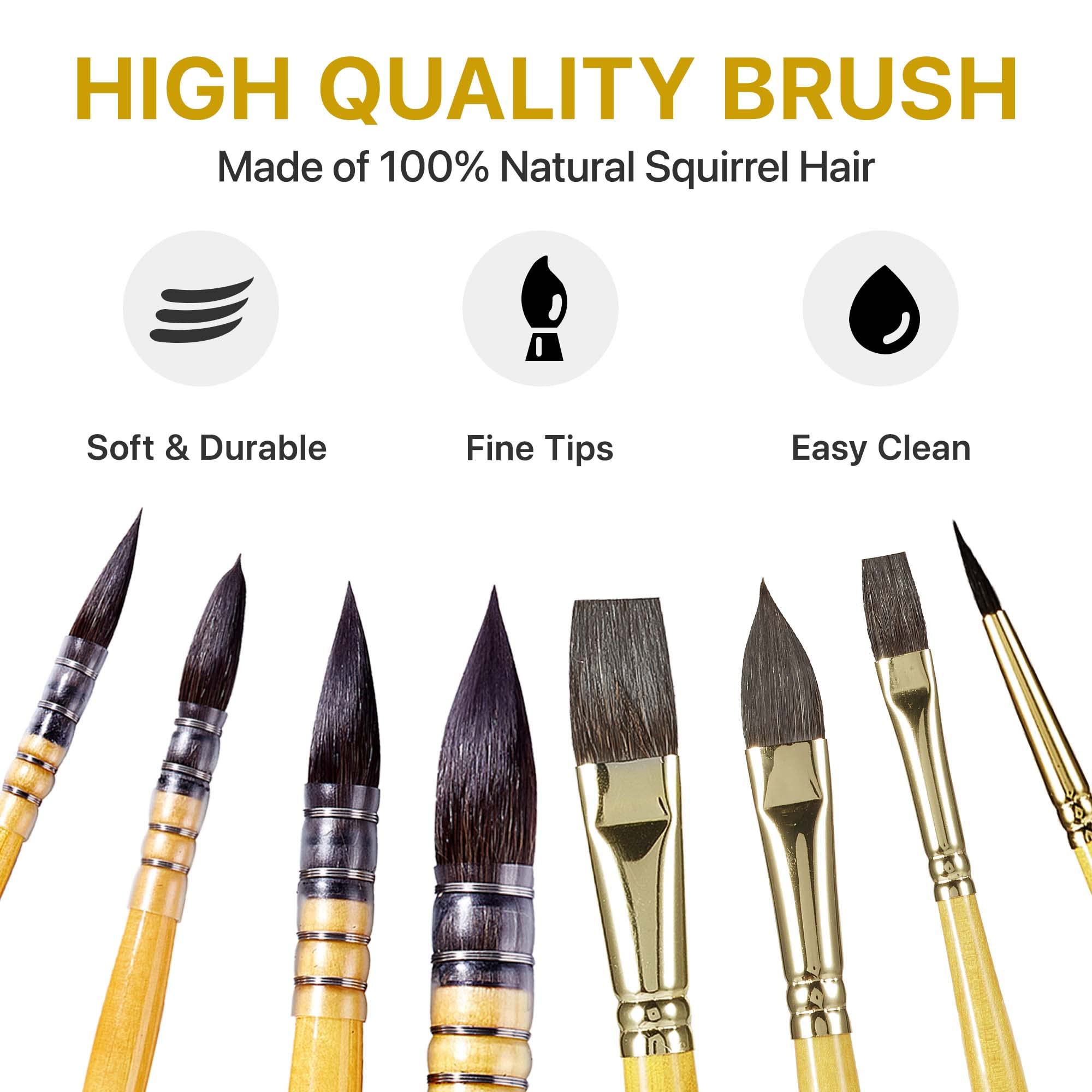 OOKU Lot de 8 pinceaux professionnels pour aquarelle - Mélange de poils d'écureuil - Pour un débit constant - Manche court - Pour artistes - Peinture artistique, gouache
