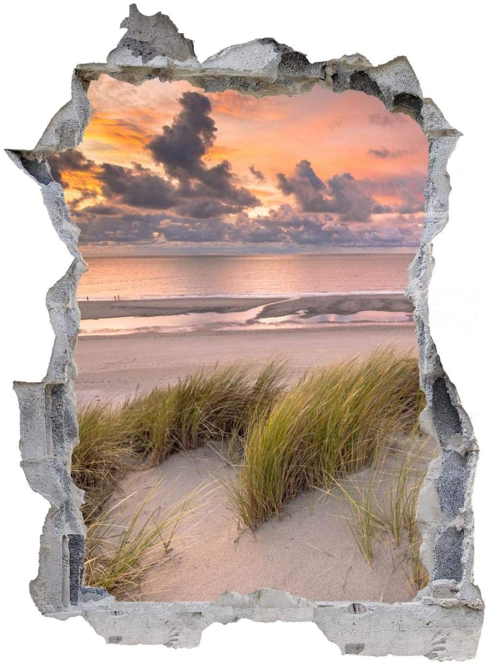 3D Pegatinas de Pared Agujero en la Pared Mar del Norte playa dunas mar Adhesivo Decorativo de Pared 80x120cm