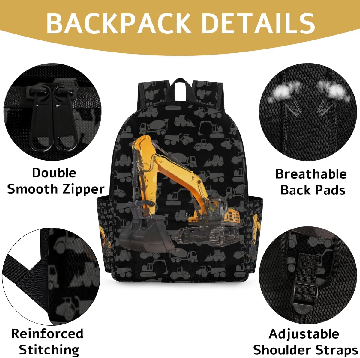 Excavator Truck Kids Backpack for Boys Girls Cool Car Preschool Toddler Backpack Kindergarten Nursery Bookbag Travel Children Lightweight School Bag - Image 2