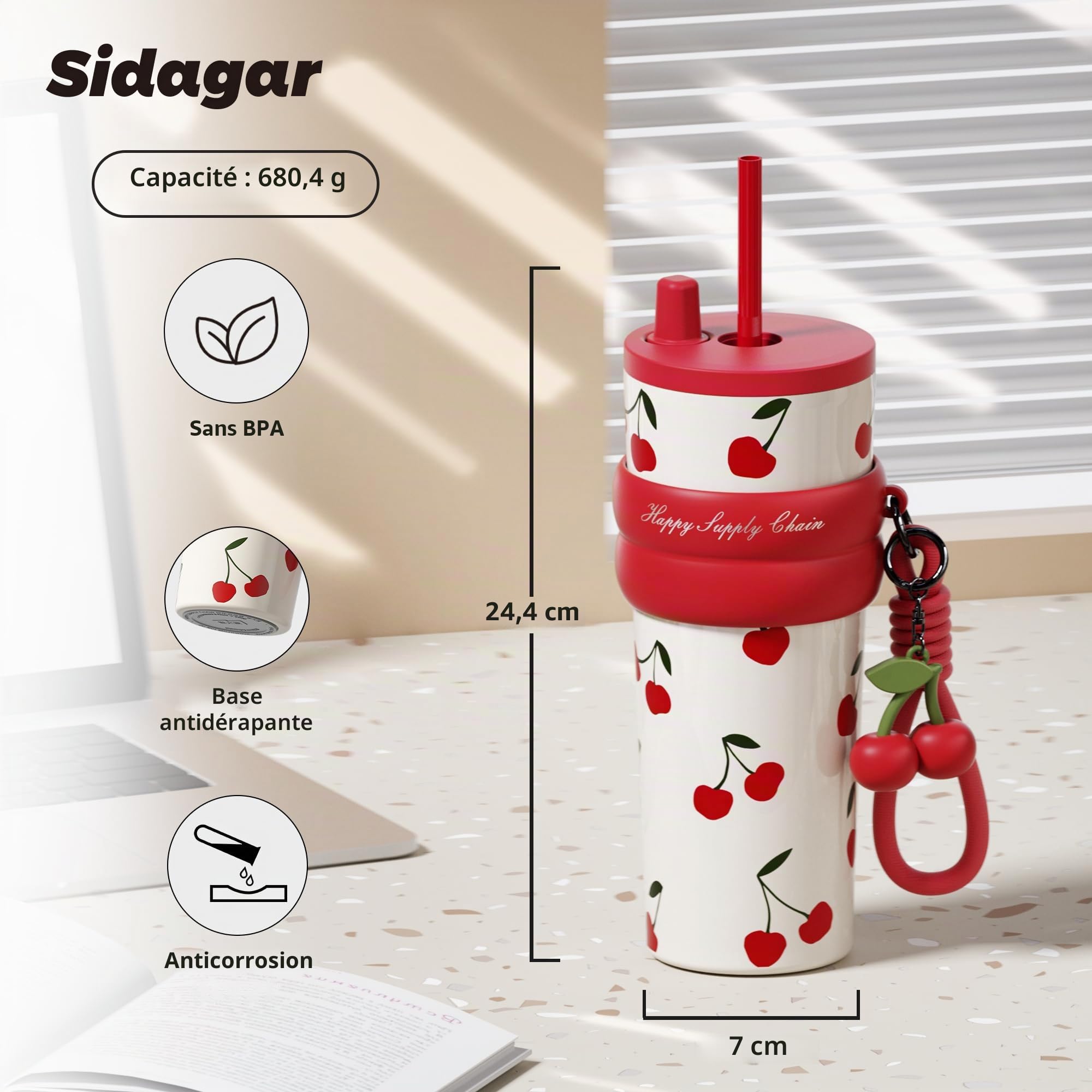 Gobelet isotherme de 710 ml avec couvercle et paille, bouteille d'eau réutilisable, anti-fuite, avec sangle, tasse de voyage portable pour café glacé chaud et froid, tasse thermique pour femme (cerise
