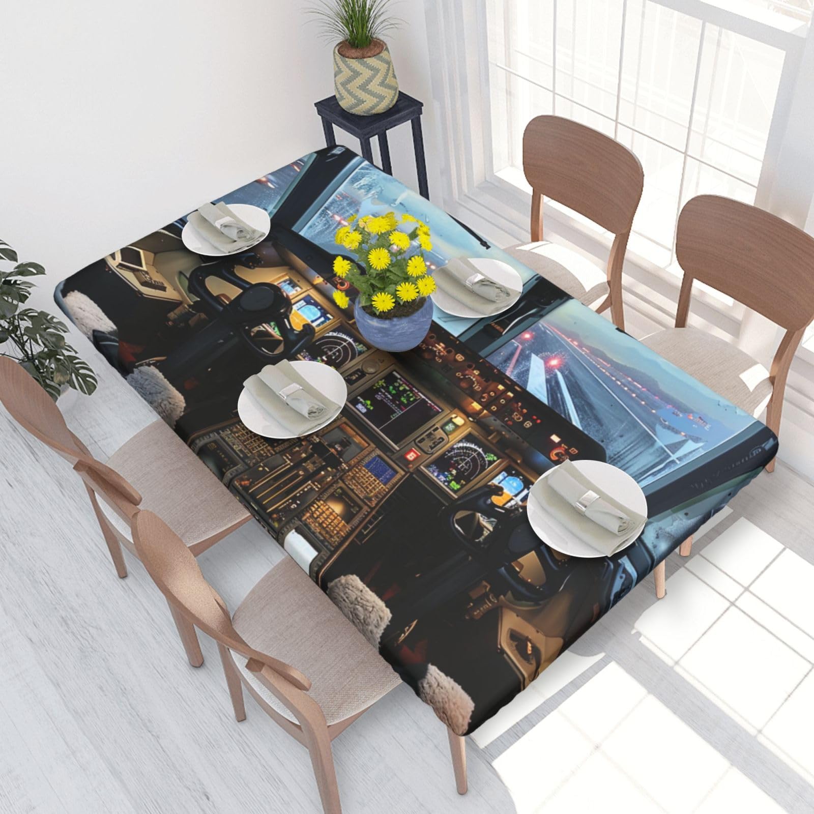 WPKJU Airplane Cockpit Printed Tablecloths 4ft Rectangular Table Covers Washable Polyester Decorative Table Cloth for Dining Table Picnic Wedding
