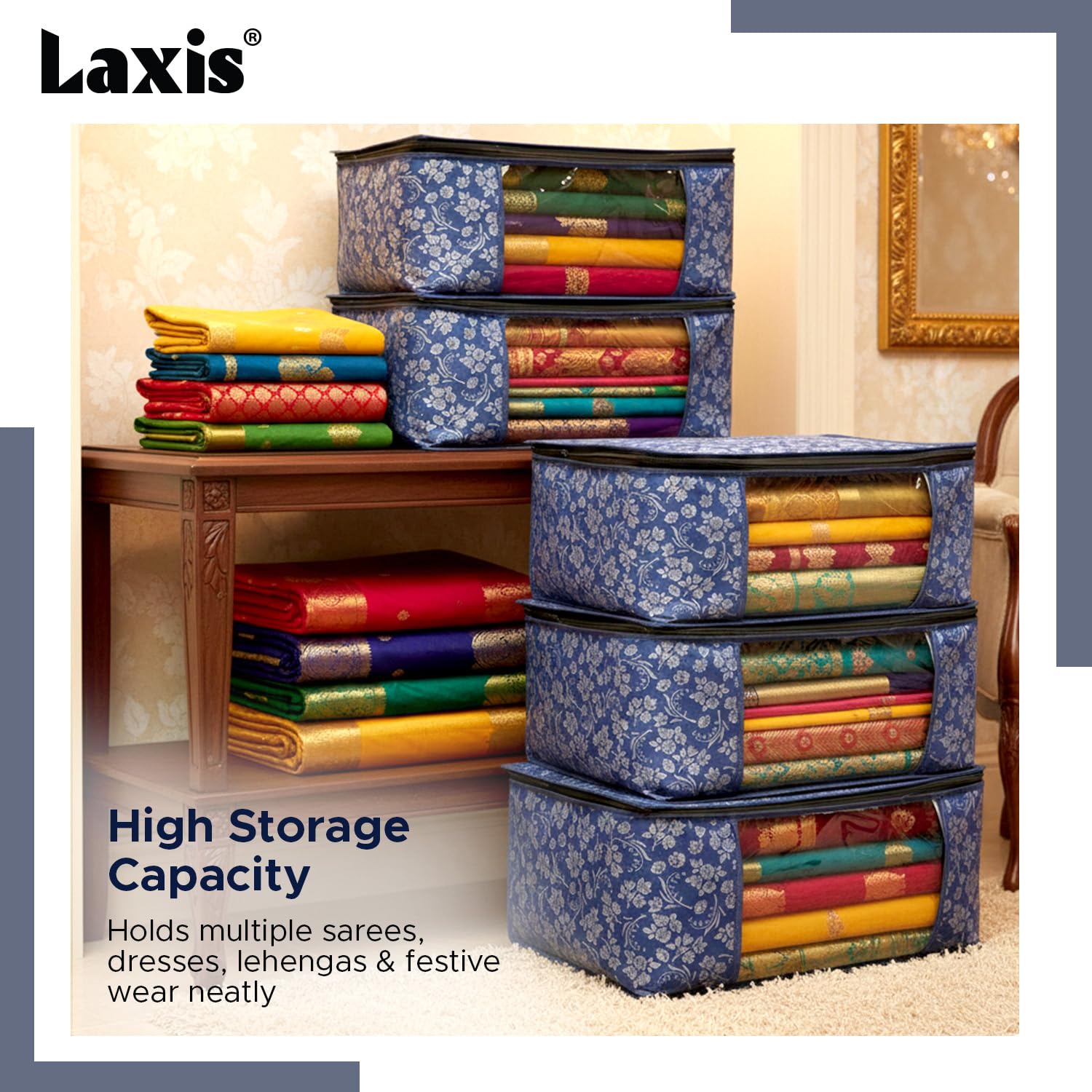LAXIS® Saree Covers With Zip Non-Woven Printed Saree Cover/Saree Organizer For Wardrobe/Cloth Storage With Transparent Window/Saree Bags Storage/Clothes Organizer (Blue- Pack of 6) 4