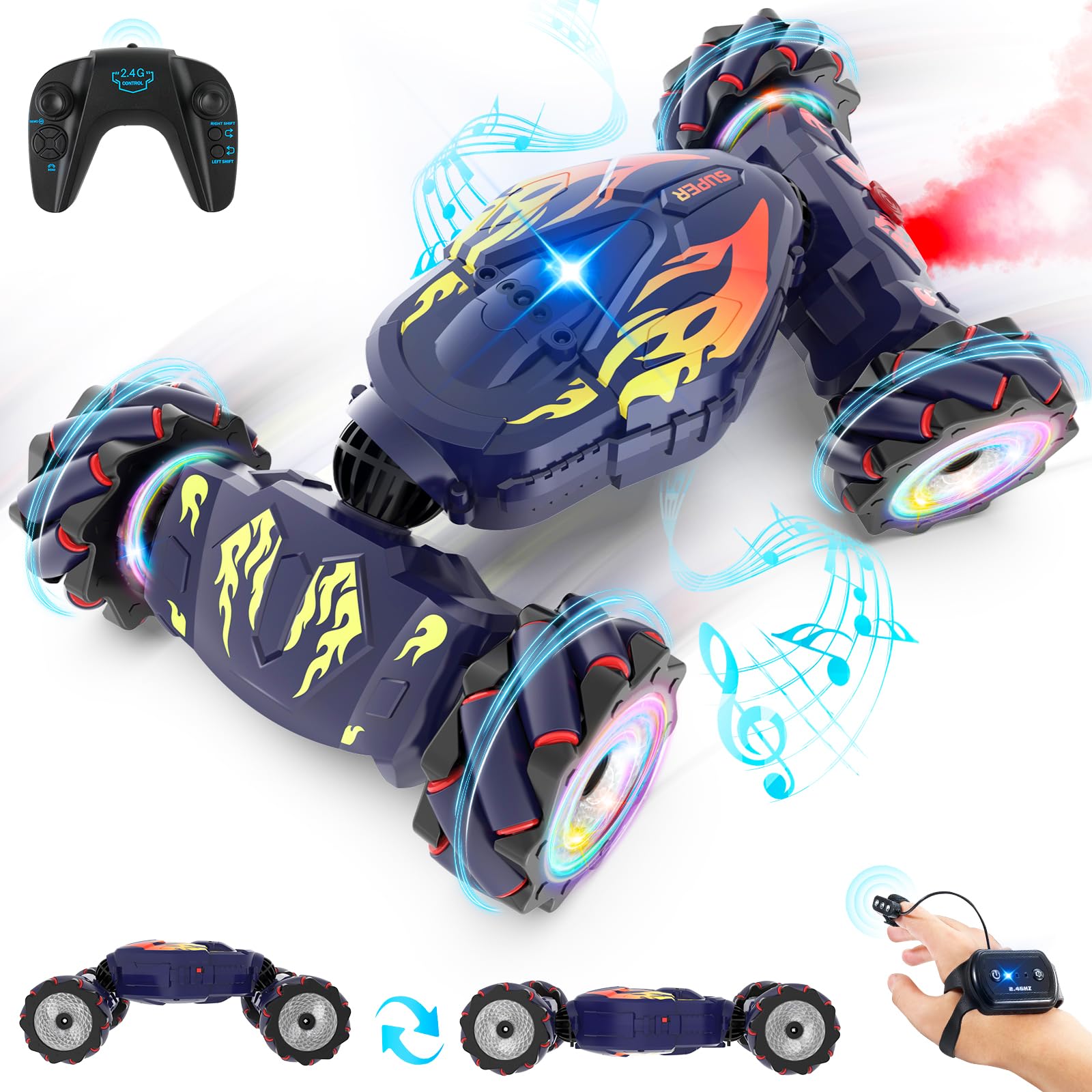 The RC Stunt Car emitting mist, with colorful lights and musical notes around it.