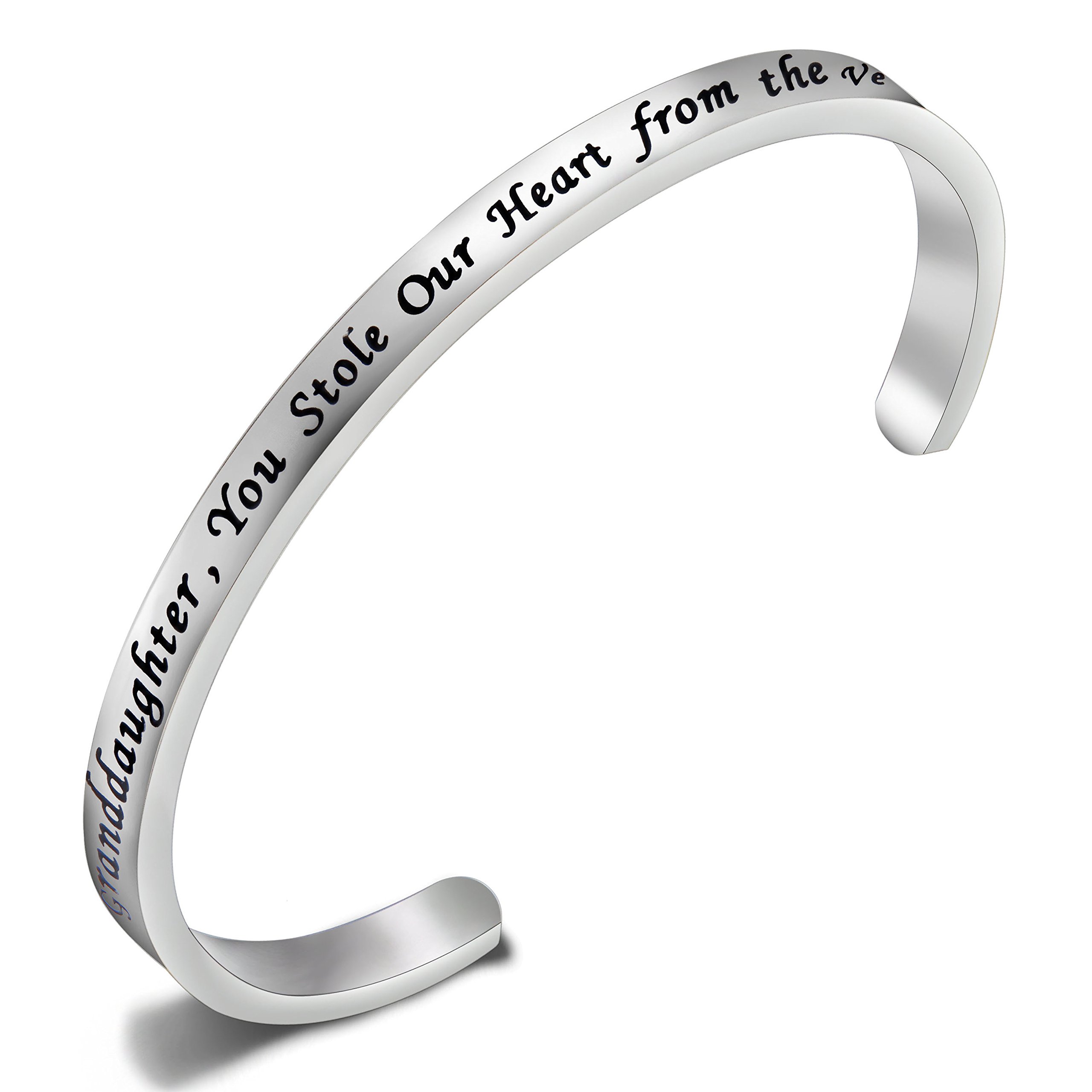 FEELMEM Granddaughter Bracelet Grandaughter, You Stole Our Heart from The Very Start Cuff Bangle Gift for Granddaughter Family Jewelry
