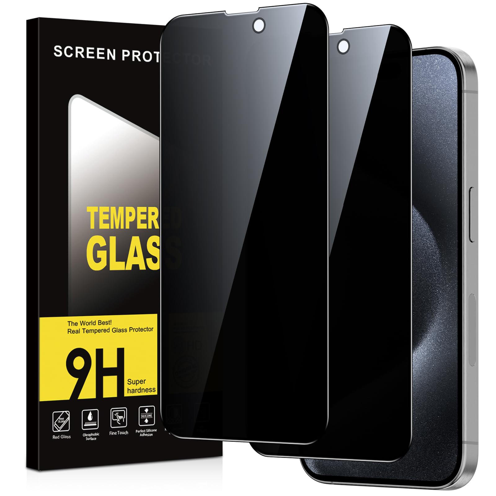 Protector Pantalla Privacidad para iPhone 15 Pro Max 2 Piezas,Anti Espía Cristal Templado,Anti-Espía Vidrio Película,9H Dureza,Anti-Arañazo,Sin Burbujas,Privacy Screen Protector