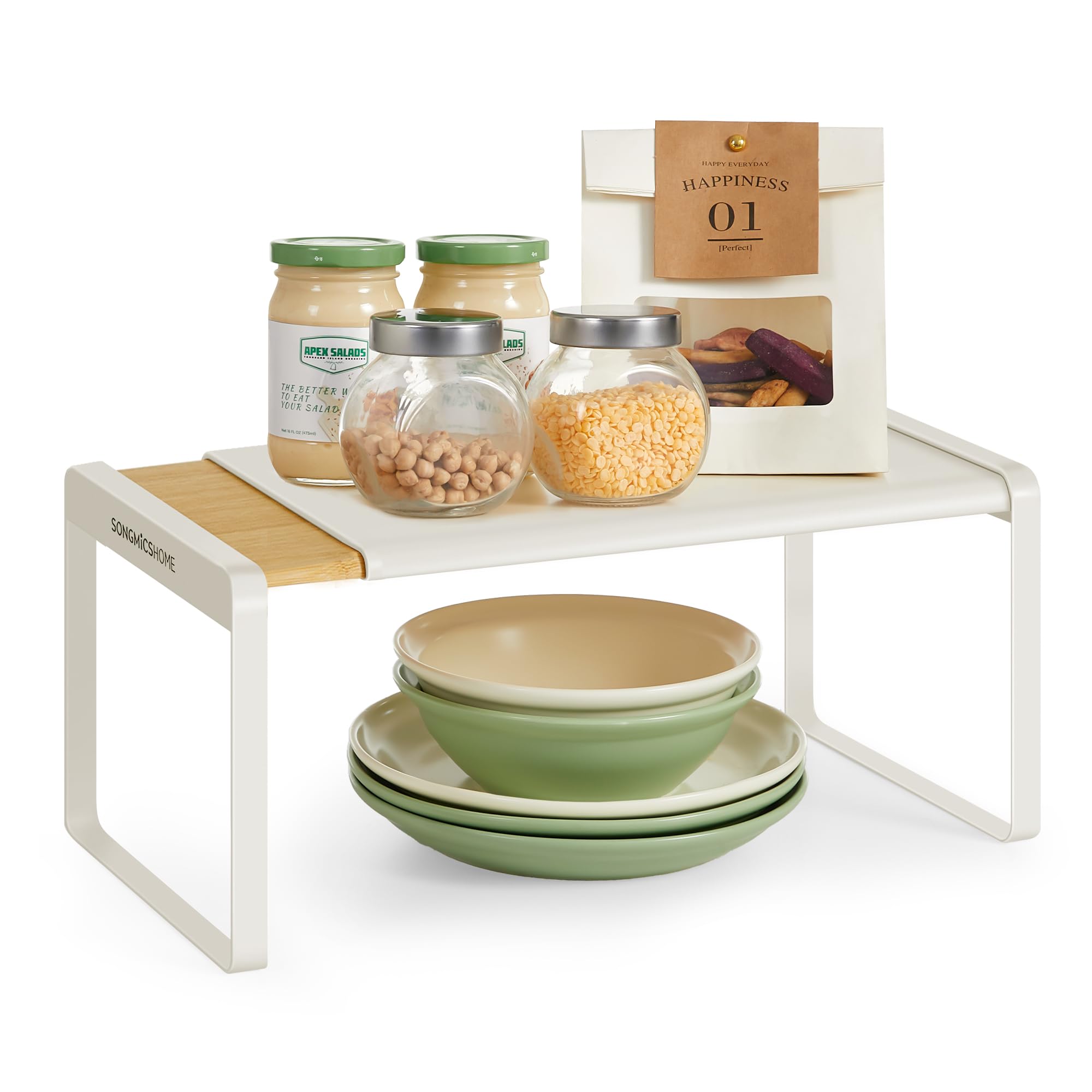 Spice rack set with extendable and stackable organiser shelves, Light Bamboo + Cream White