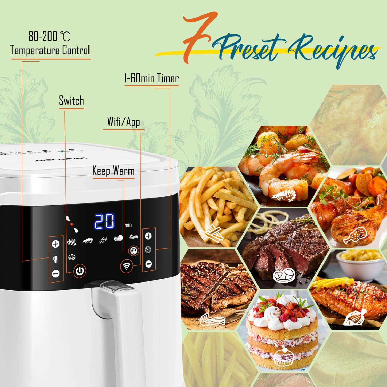 Aigostar Freidora de aire Wifi 7L 1900W, freidora sin aceite con 7 Programas, Pantalla LED, 360° Circulación de Aire, cesta antiadherente extraíble, mantenimiento del calor, recetas, sin BPA, Blanco