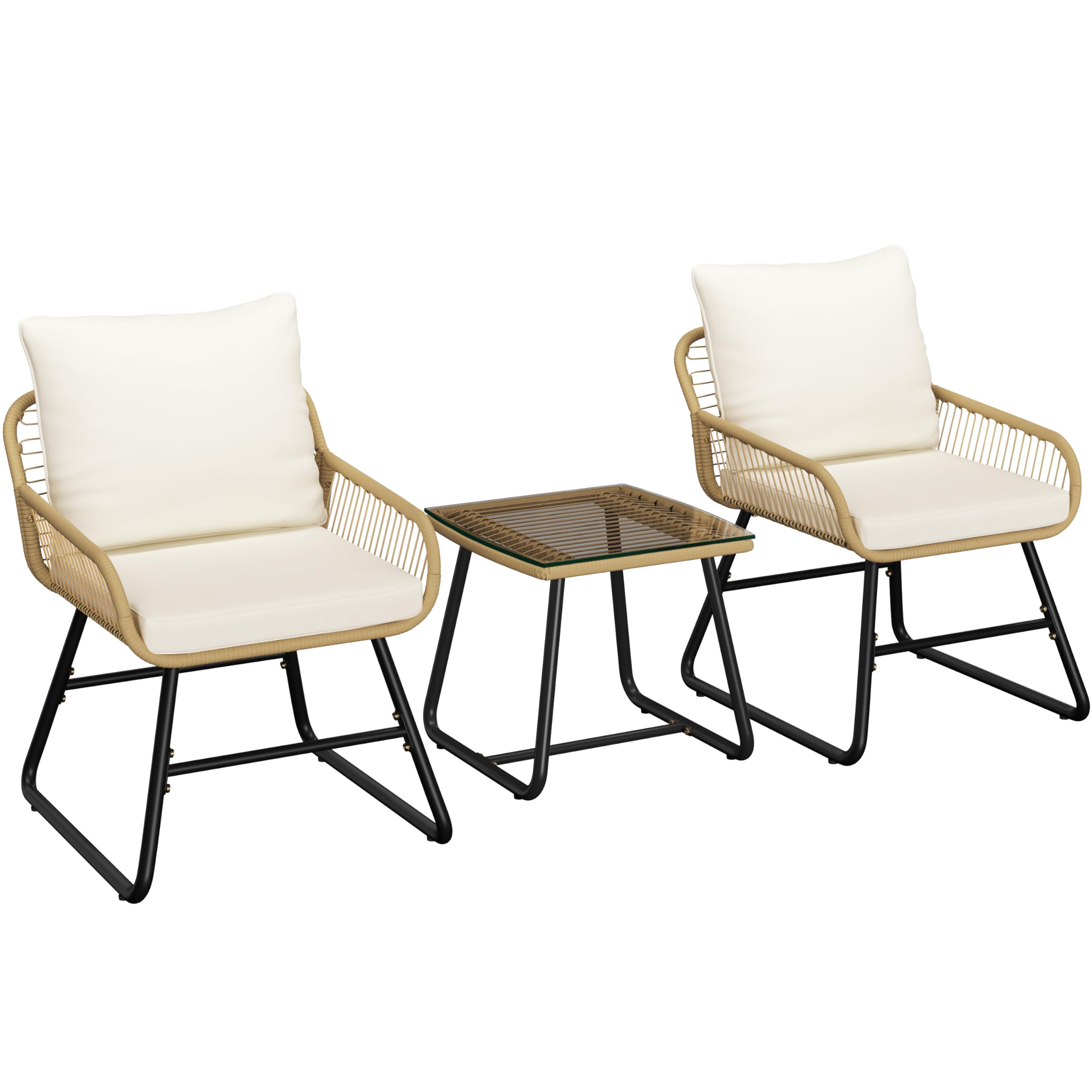 Yaheetch - Ensemble de 3 Meubles de bistrot en polyrotin avec 2 chaises - Petit Balcon, Salon de Jardin, extérieur, Marron Clair et Blanc crème