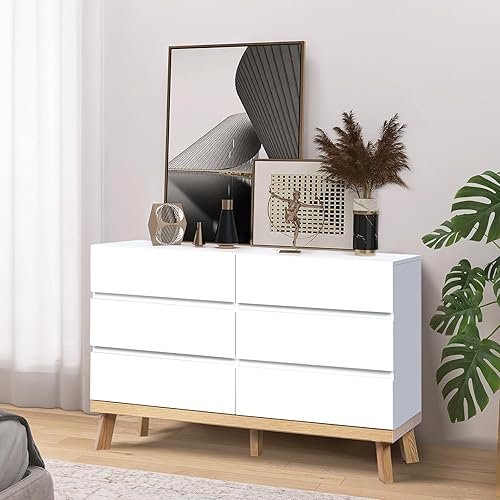 Miniatura 8 de YIGOBUY Cómoda blanca para dormitorio, cómoda doble de 6 cajones, armario de almacenamiento grande de madera para dormitorio, sala de estar, pasillo