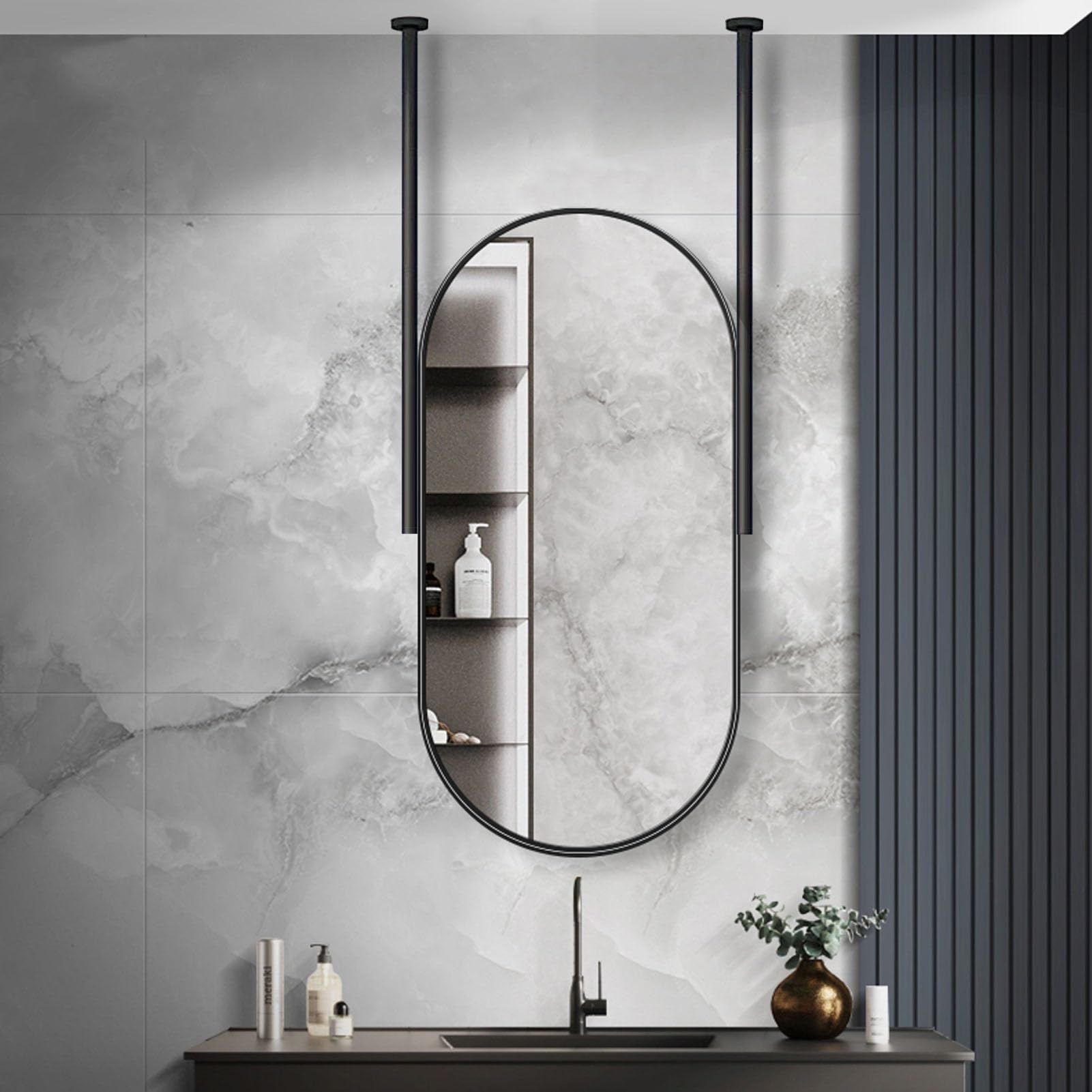 Czarne lustro z metalową ramą, wiszące lustro na suficie, do makijażu w łazience, dekoracyjne lustro ścienne, pływające lustro owalne(B,50cmx70cm)
