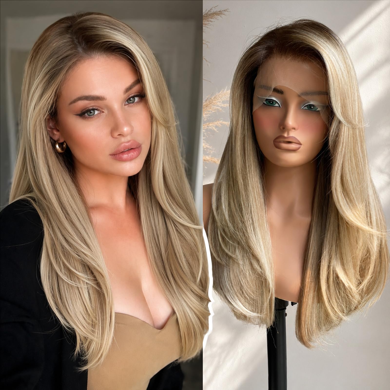 KOME Ash Blonde Synthetic Lace Front Wig, 13X6 Long Straight Layered Glueless Wigs for Women Daily Use 22IN(#TT6/1603) Ash Blonde#TT6/1603