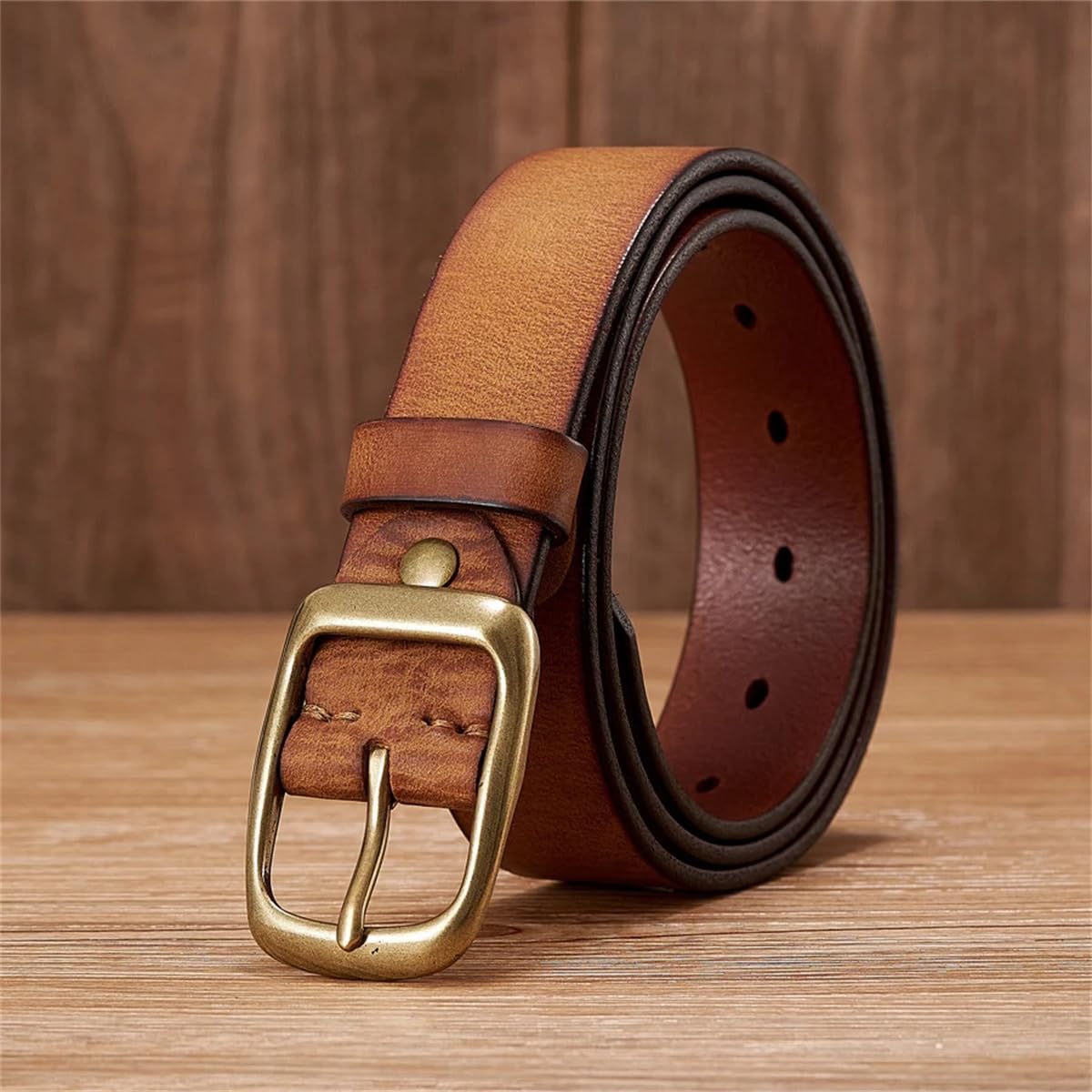 3,3 Cm Rindsledergürtel Aus Echtem Leder Für Herren, Lässiger Gürtel Aus Kupferschnalle, Business-Gurt Für Jeans