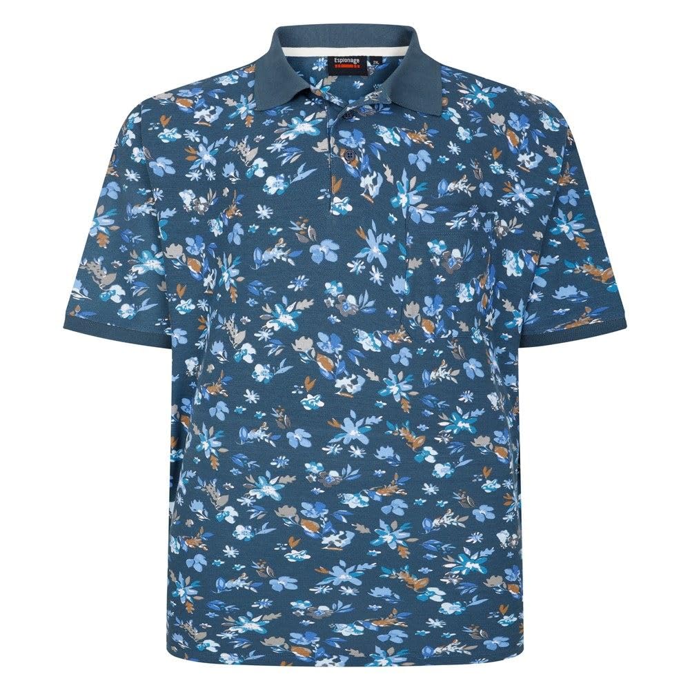 Espionage Floral Print Polo Shirt Short Sleeve Pocket Casual Mens 2XL-8XL P221 (UK, Alpha, 4XL, Plus, Regular, Denim Multi)