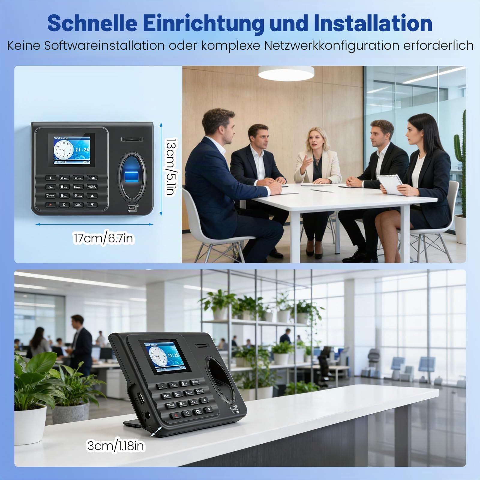 Stempeluhr Zeiterfassung für Kleinbetriebe, Biometrisch mit Sprachansage – 3 Methoden (Fingerabdruck, RFID, PIN), USB-Export, einfache Installation als Stechuhr für Wand oder Tisch