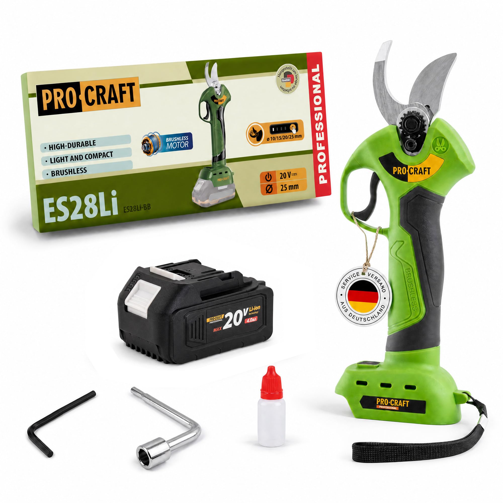 Procraft ES28Li bb Akku Astschere Gartenschere 20 V 25 mm + 1x Akku 4,0 Ah
