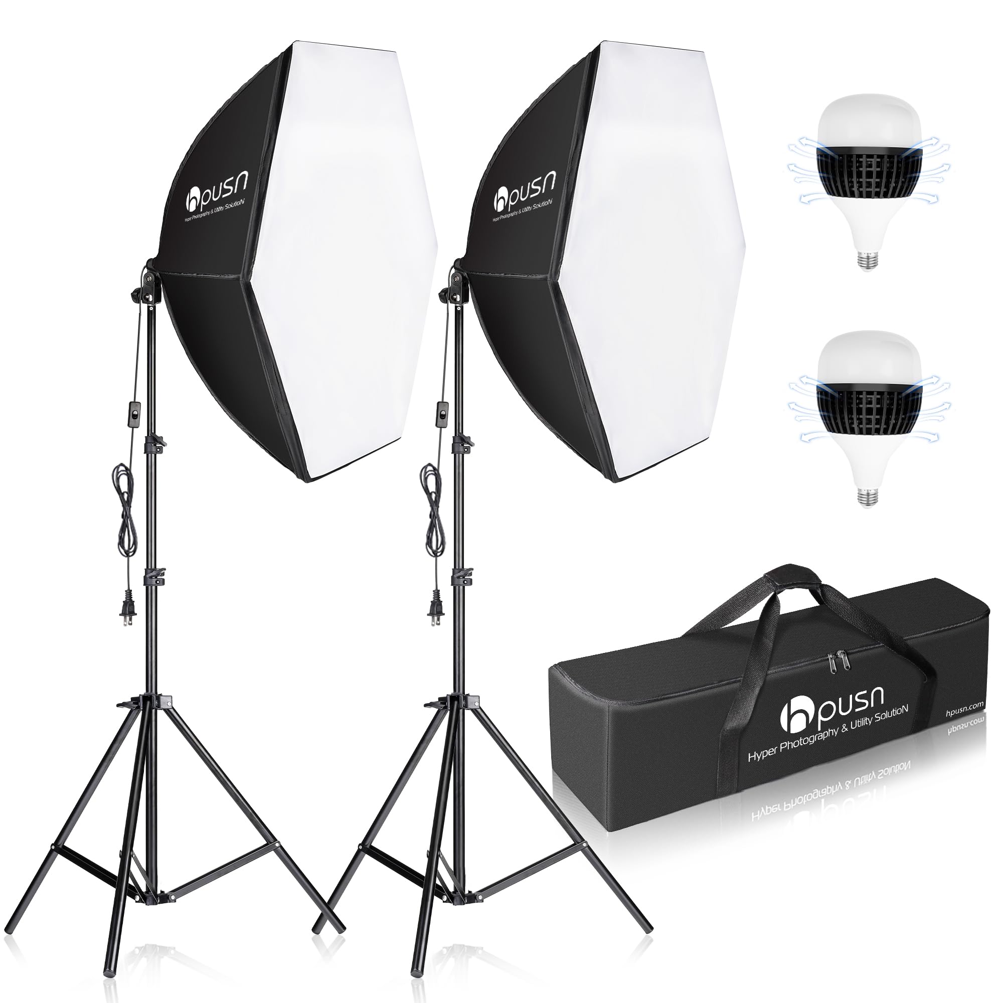 HPUSN Softbox Photography Lighting Kit, 30"X30" Softbox Lighting Kit, 2pcs E27 Socket 5400K LED Bulb, Photo Studio Light for Portrait Lighting, Photography/Video Recording/Live Streaming/YouTube