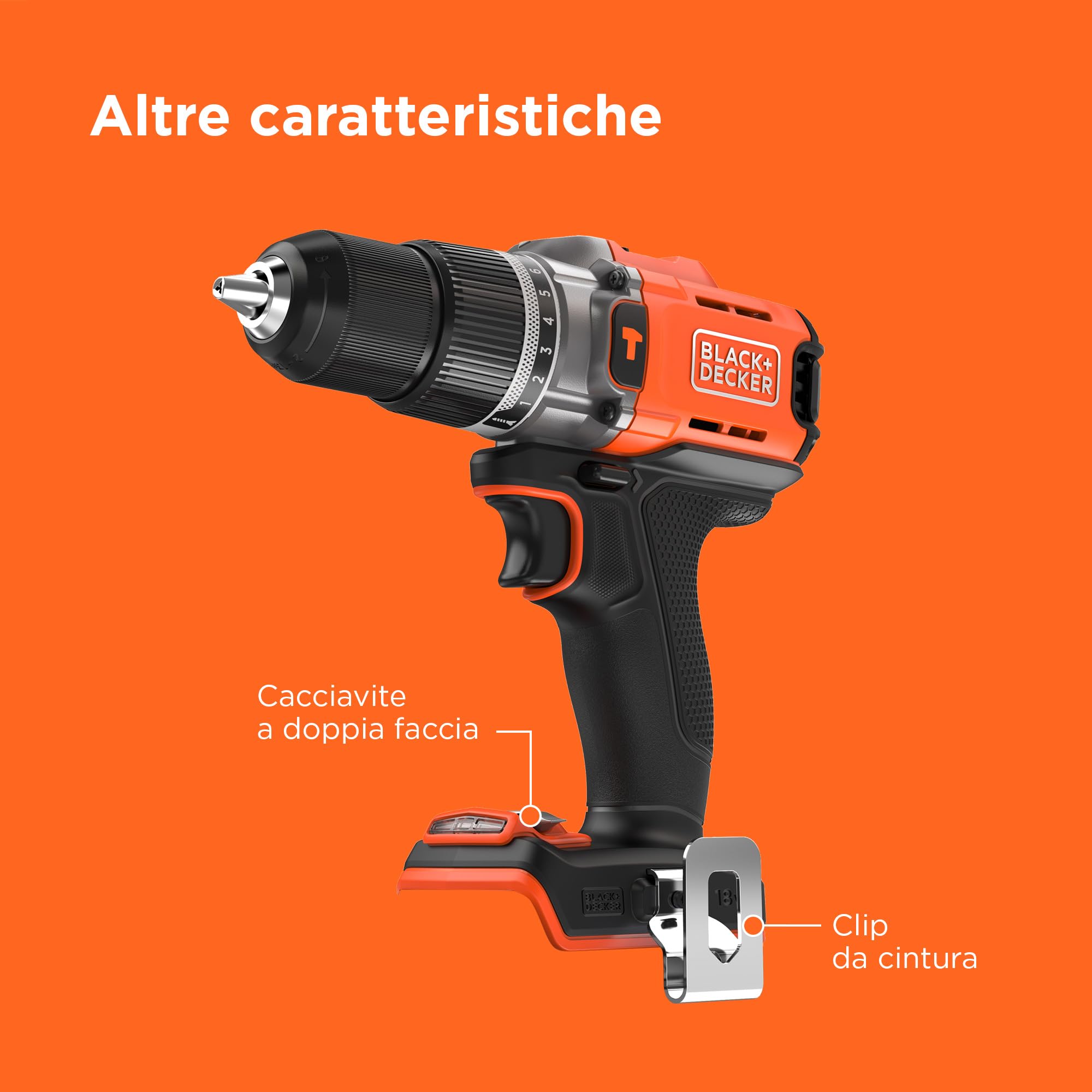 BLACK+DECKER 18V POWERCONNECT Trapano a percussione a batteria, coppia 45Nm, 2 marce, luce LED, mandrino senza chiave, senza batteria o caricatore, BCD383XN-XJ