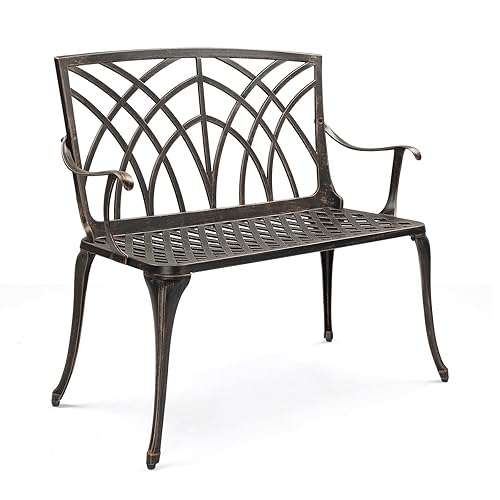 VINGLI 38" Outdoor Metal Bench, Cast Aluminium Garden Bench, Weatherproof
