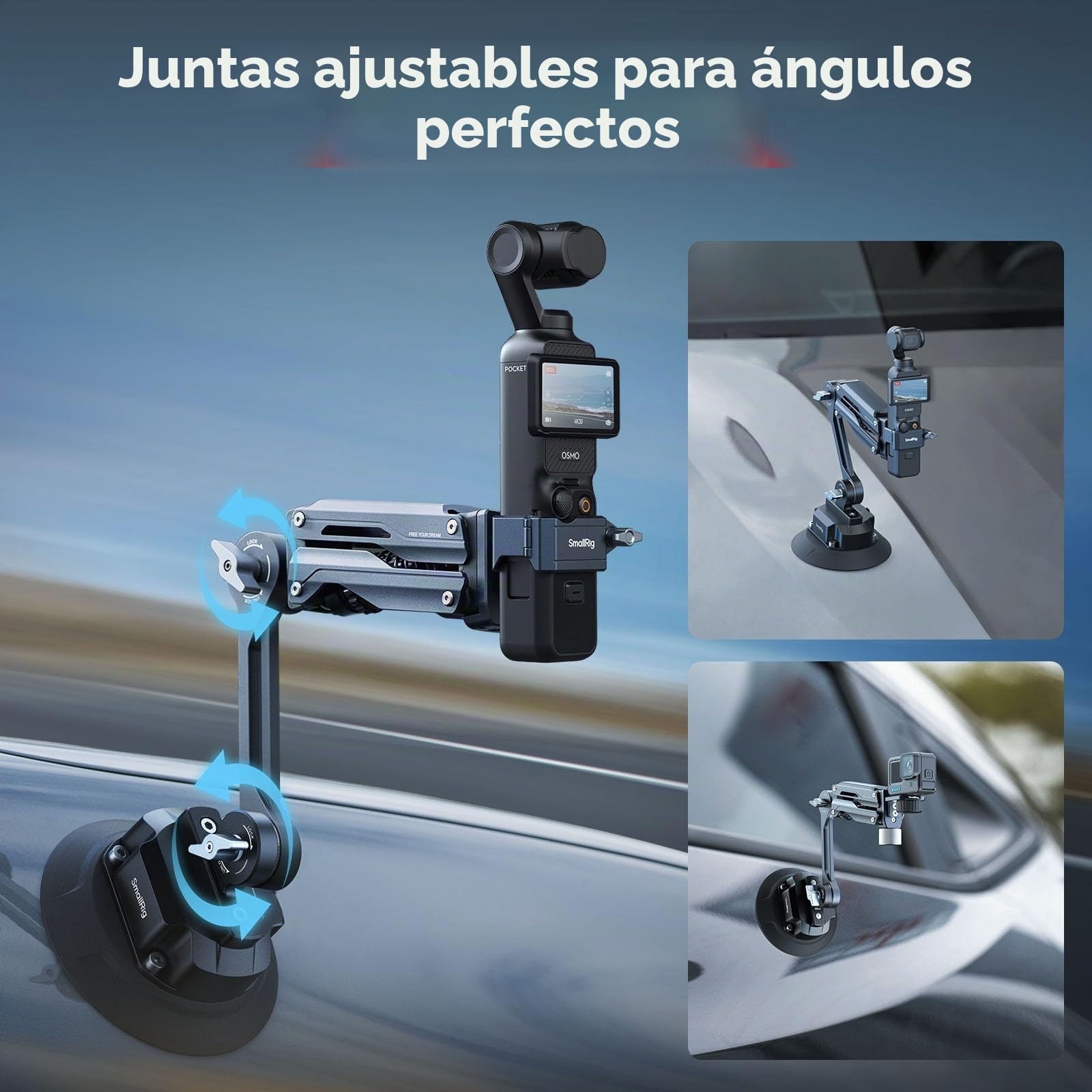 SMALLRIG Brazo Amortiguador Electrónico Mini, Ventosa de 5 Pulgadas, Doble Muelle y Amortiguación Hidráulica, Soporte para Coche para dji Osmo Pocket 4/3/GoPro HERO13/Insta360 X4, con Bolsa - 5507