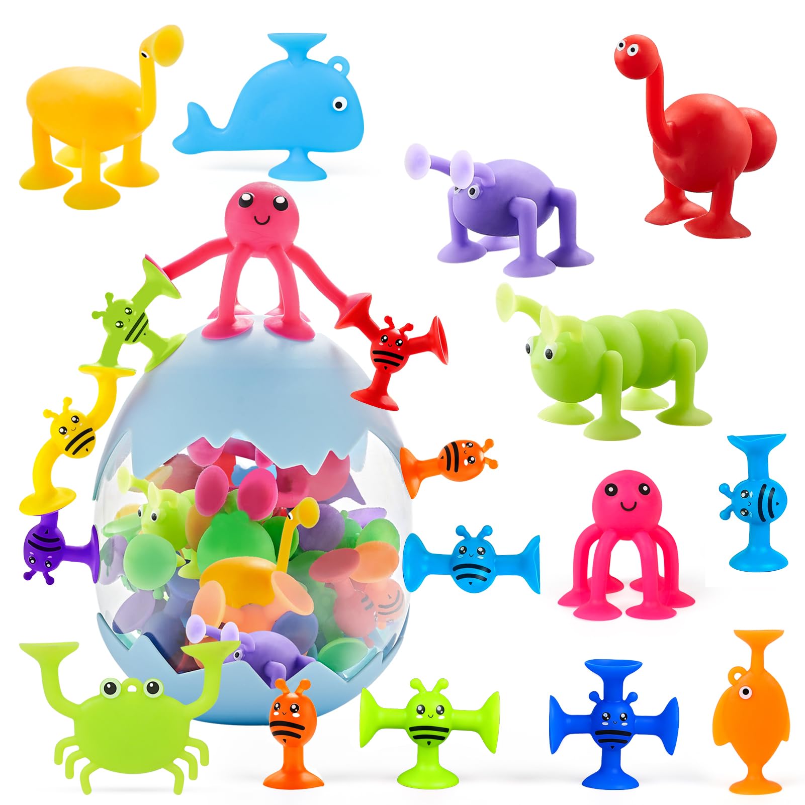 Suction Cup Bath Toys for Kid 40 PCS Silicone Animal Bathtub Toys for Kids Ages 4-8 Sensory Window Building Travel Toy Toddlers Age 3-5 with Eggshell Storage Summer Gift for 3 4 5 6 Year Olds Boy Girl