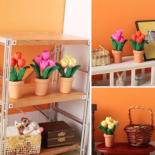 Miniatura 7 de 3 piezas de plantas en maceta en miniatura 112 mini escena de casa de muñecas bonsái tulipanes modelo accesorios micro decoración paisaje