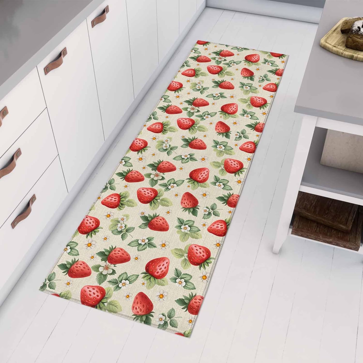 Teamery Kitchen Mats for Floor Summer Fruits Strawberries Washable Non Slip Kitchen Rugs 1PCS, Watercolor Plant Art Absorbent Standing Mats for Sink Bathroom Office Living Room 23.6x70.9in