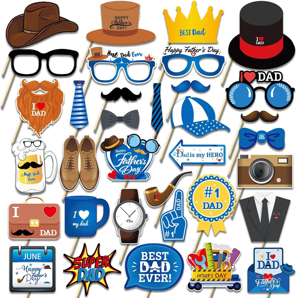 34 Pcs Father's Day Photo Booth Props Happy Father's Day Selfie Photobooth Props Love Dad Birthday Party Accessory for Best Dad Birthday Party Photography Backdrop Decoration Supplies
