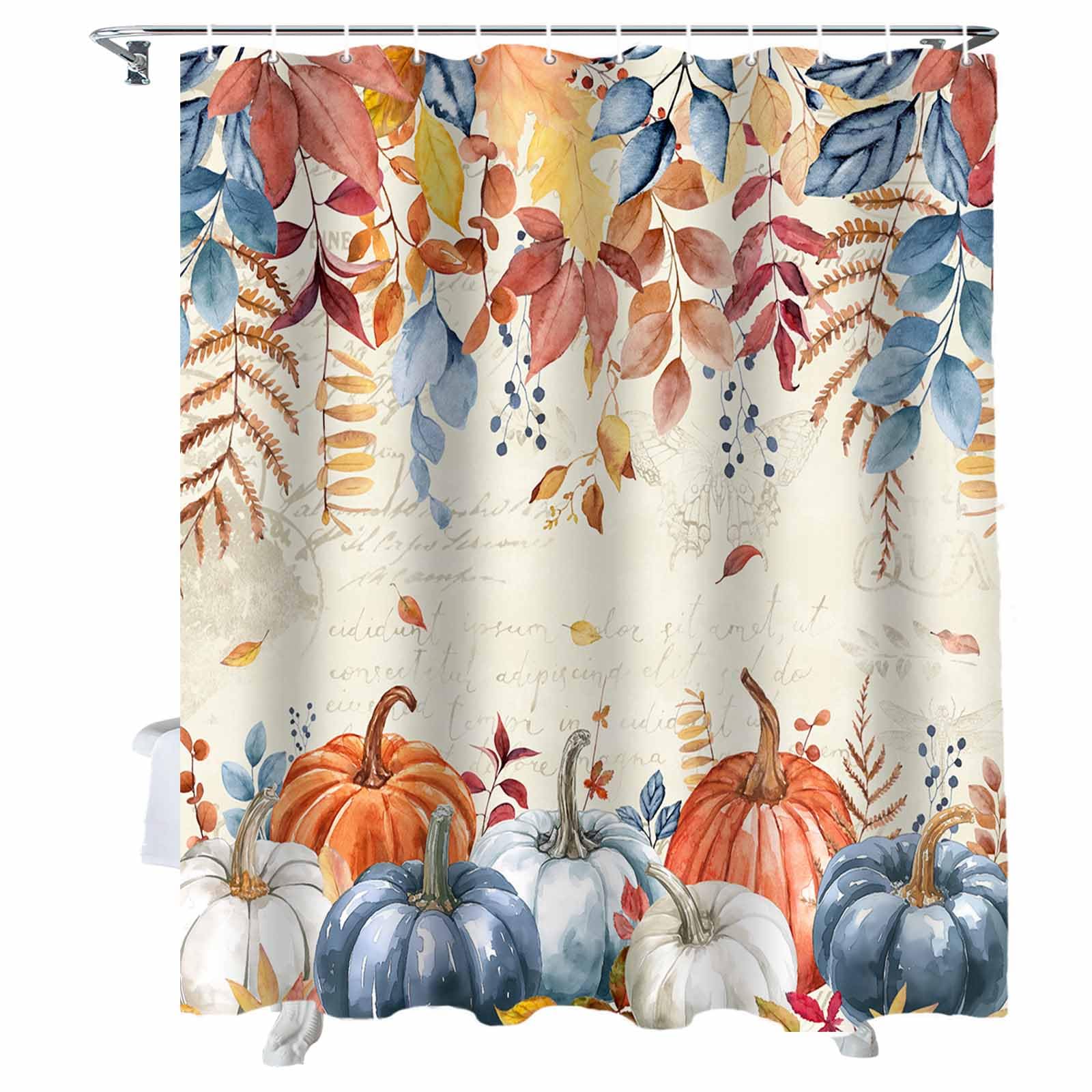 Fall Shower Curtain Autumn Pumpkin Thanksgiving Shower Curtains for Bathroom Fall Leaves Bath Curtains Sets with Hooks for Autumn Thanksgiving